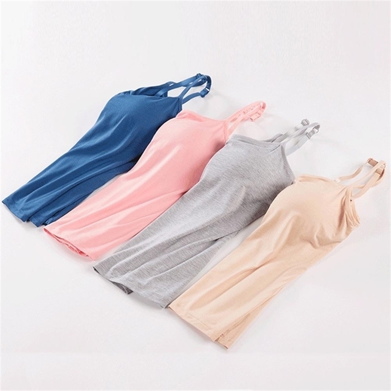 Long Camis With Built in Shelf Bra Adjustable Strap Women Layering Basic Tanks Top Solid Cotton Chest Pad Summer T-Shirt 220325