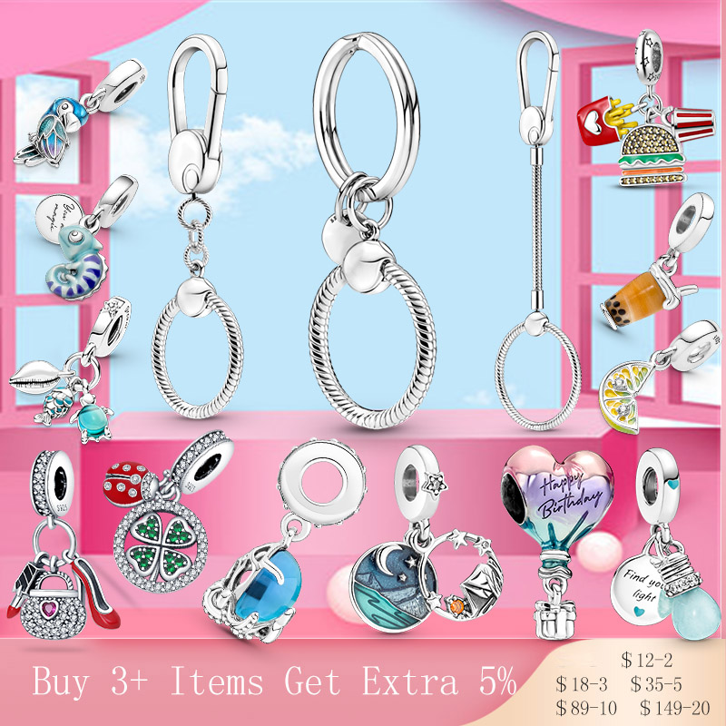 

925 Sterling Silver Dangle Charm Moments Small Bag Charm Holder Key Ring Beads Bead Fit Pandora Charms Bracelet DIY Jewelry Accessories