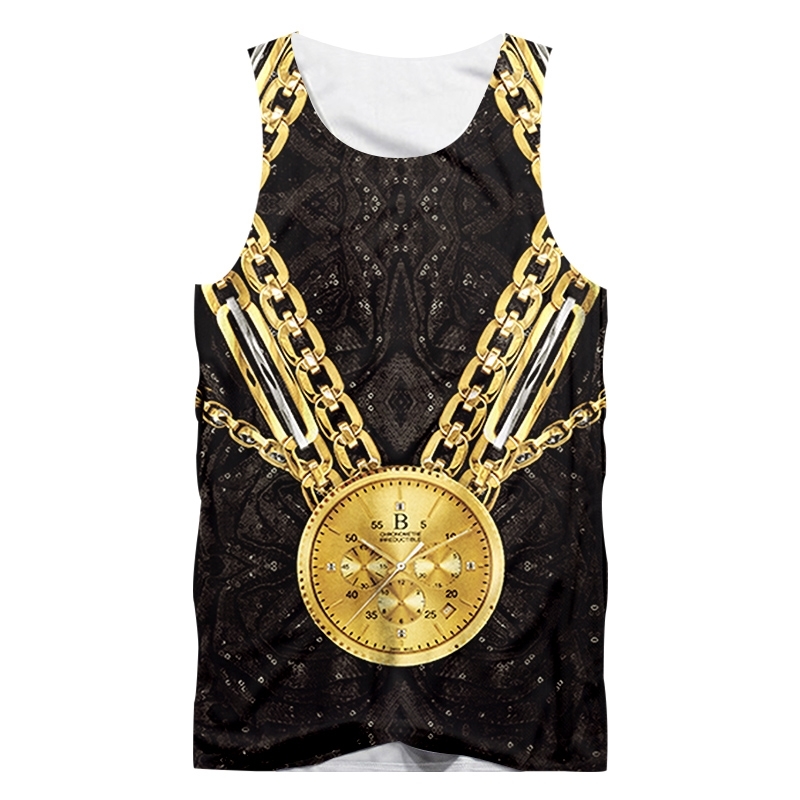 Summer Mens Vest Gold Chain Watch 3D Fashion Casual Unisex Tank Tops Loose Oversized Fitness Sleeveless Shirts 5XL 220623