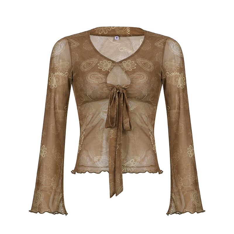 Darlingaga V Neck Floral Printed Bow Mesh T shirt Women Tops Flare Sleeve Retro Grunge Fairycore Lace Up Aesthetic Pullovers 220714