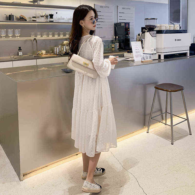 Spring New Maternity Dress Temperament Long Loose Pregnant Woman Beach Dress With Lining Long Lantern Sleeves Chiffon Dress J220628