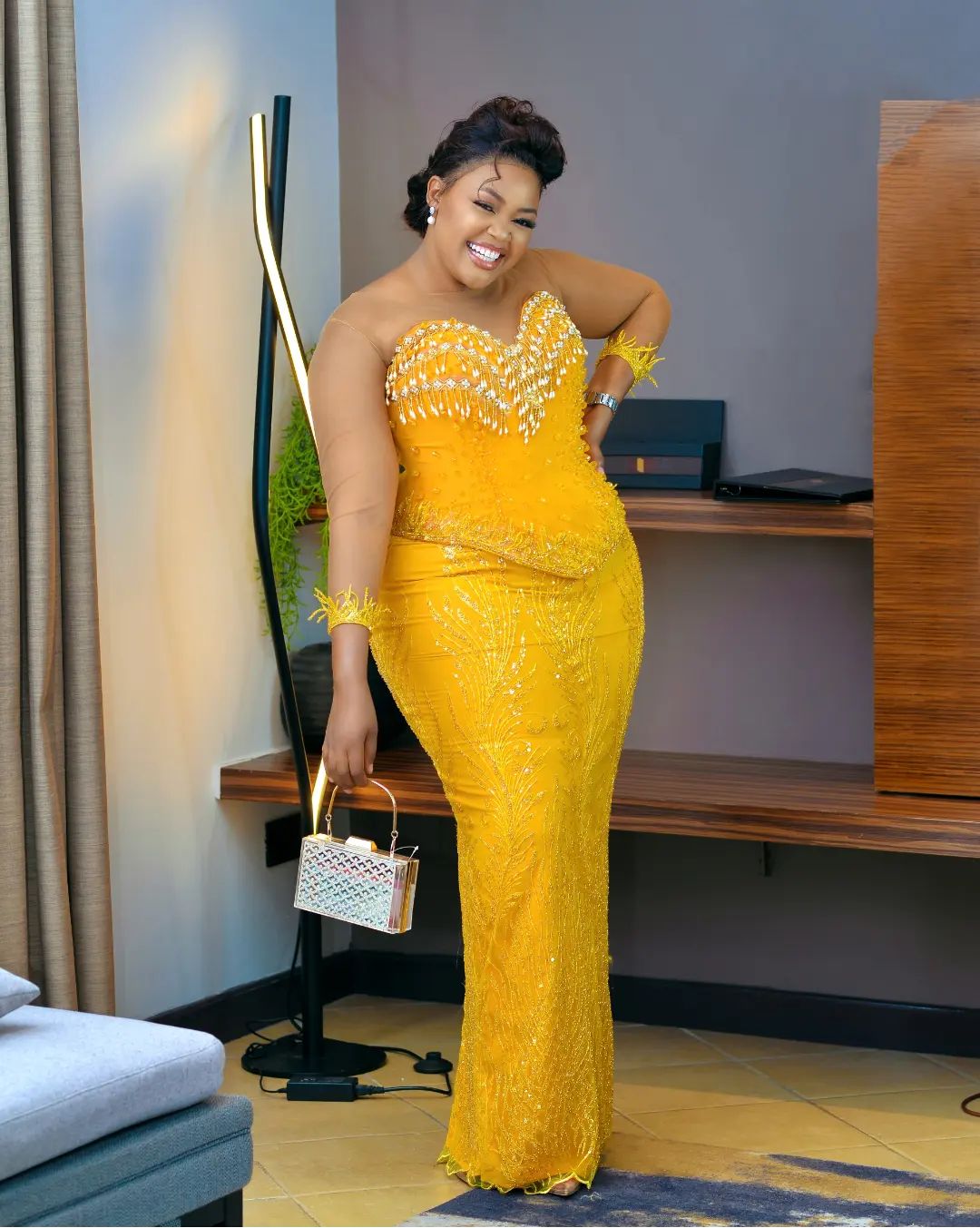 plus size arabic aso ebi yellow luxurious sparkly prom dresses beaded crystals evening formal party second reception birthday engagement gowns dress z