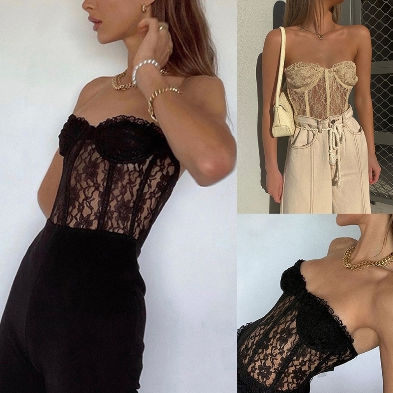 Women Sexy Strapless Sheer Mesh Crop Top Ruffles Floral Lace See-Through Corset Bustier Club Party Bralette Underwear 220325