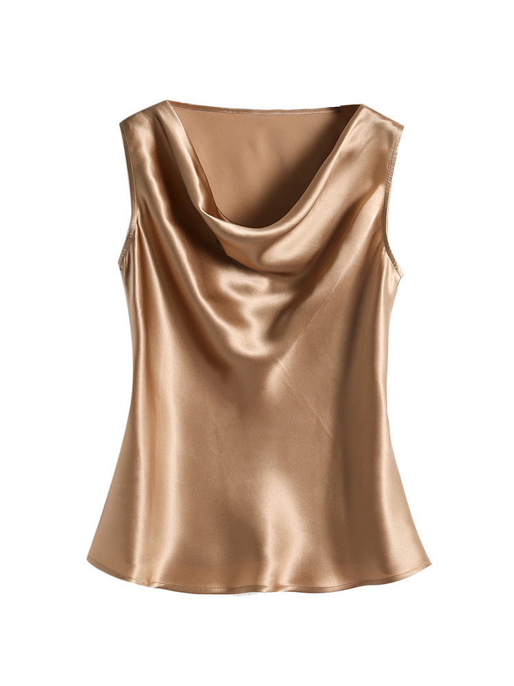 SuyaDream Women Silk Shirt100%Real Satin Draped Collar Sleeveless Tank Tops Solid Summer Vests 220325