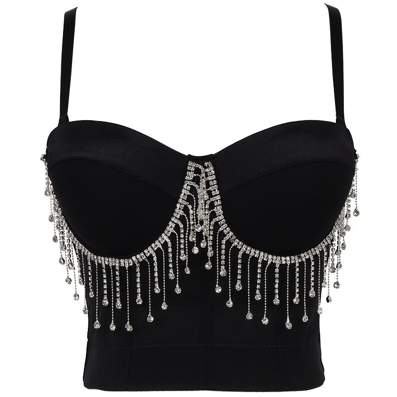 Women Camisole Top Diamond Crystal Tassels Solid Color Sexy Cropped Push Up Bustier Bra Night Club Party Tank 220325