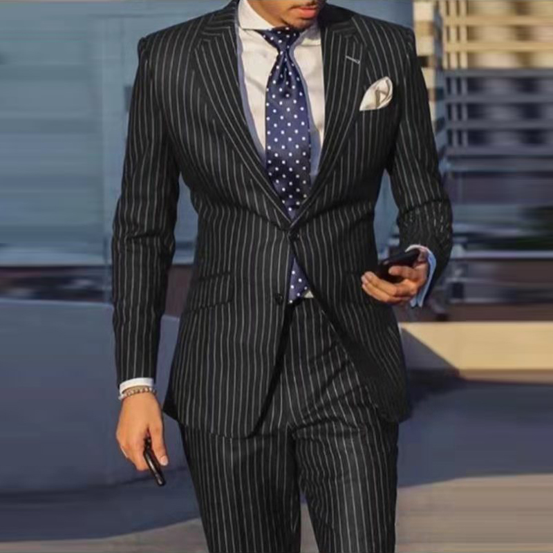 Pinstripe Mens Suits Stylish Wedding Tuxedos Men Casual Suits Blazer Fashion Single Breasted Two Button Groom Wear Peaked Lapel 3 Pieces Slim Fit Prom