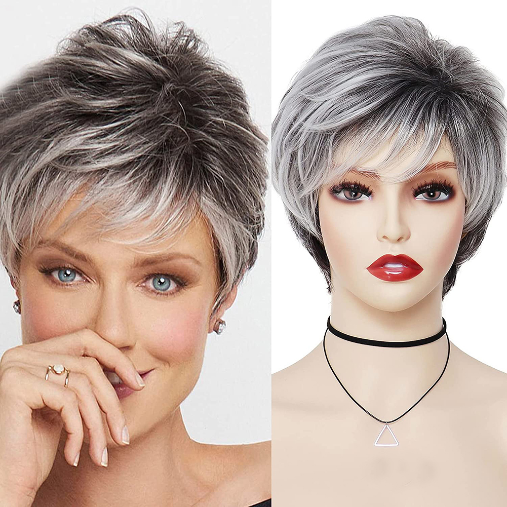 Short Ombre Sliver Gray Pixie Cut Wig Dark Root Straight Layered Synthetic Hair for Black White Women
