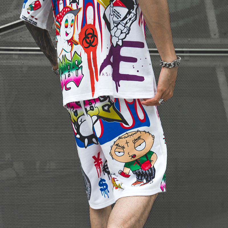 Aolamegs Shorts Men Cartoon Graffiti Print Bermuda Beach Knee-length Shorts Hip Hop Elastic Waist High Street Summer Sweatpants 220507