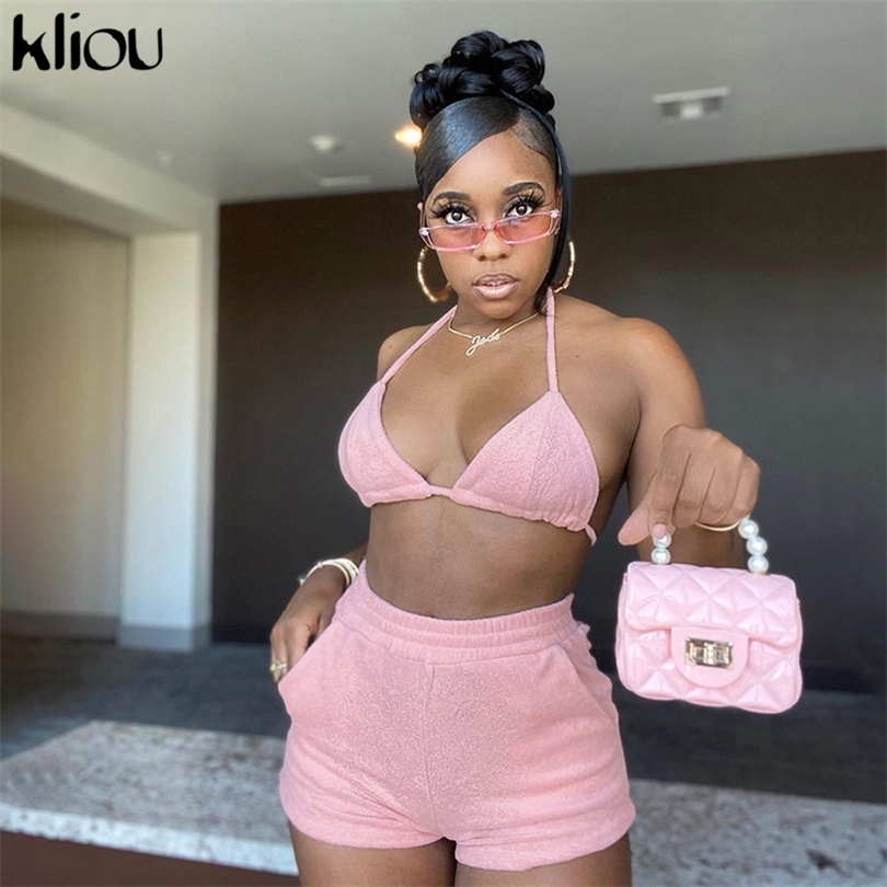 Kliou women two piece outfits fashion halter backless sexy brabiker shorts matching set bandage female vacation party clubwear T200826