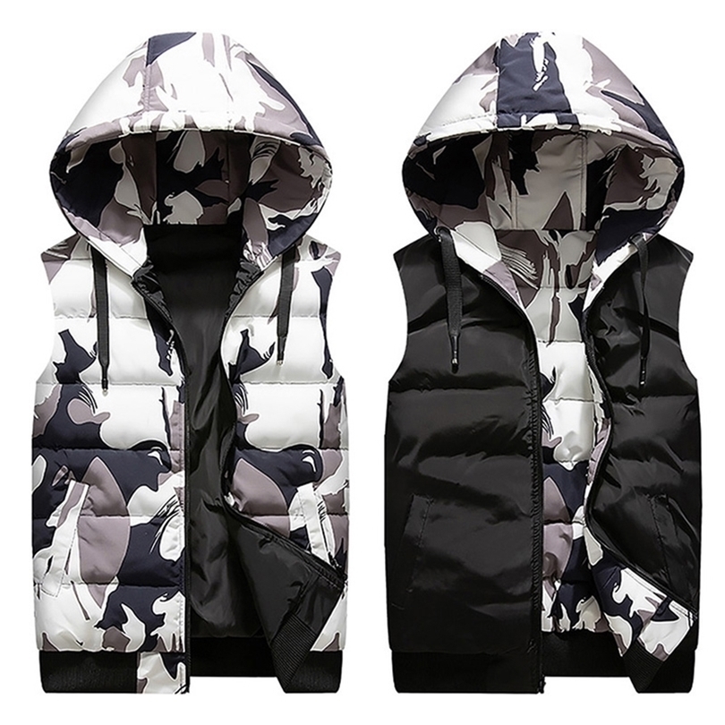 New Winter Reversible Hooded Sleeveless Jackets Stylish Camouflage Men's Vest Plus Size 4XL Double Side Windproof Warm Waistcoat 201120