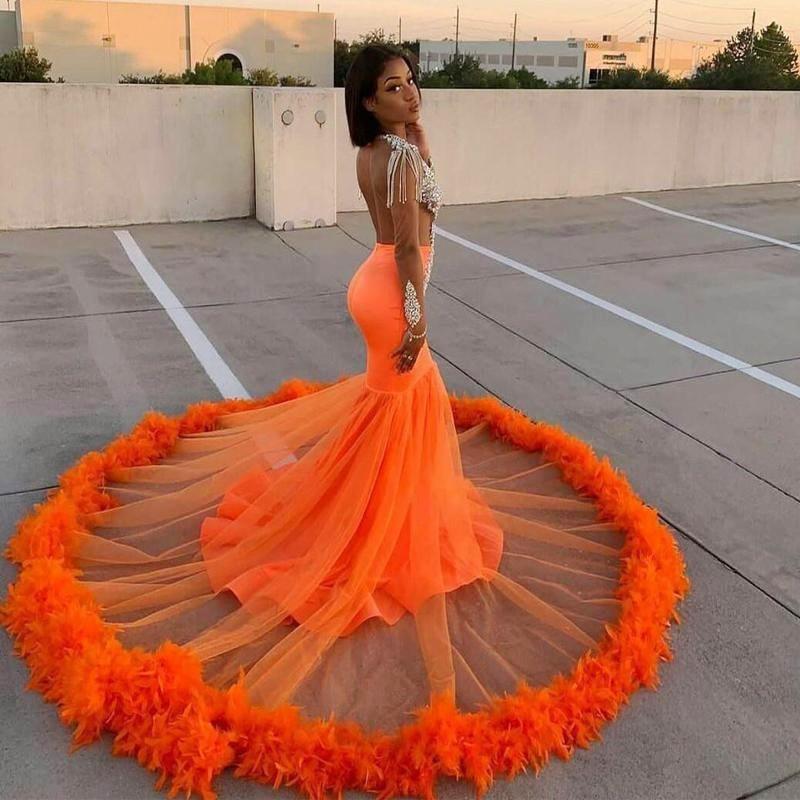 Newest Arrival Orange Mermaid Prom Dresses Lace Beads Crystal Feather Formal Evening Dress 2021 Sheer Neck African Robes De Soirée