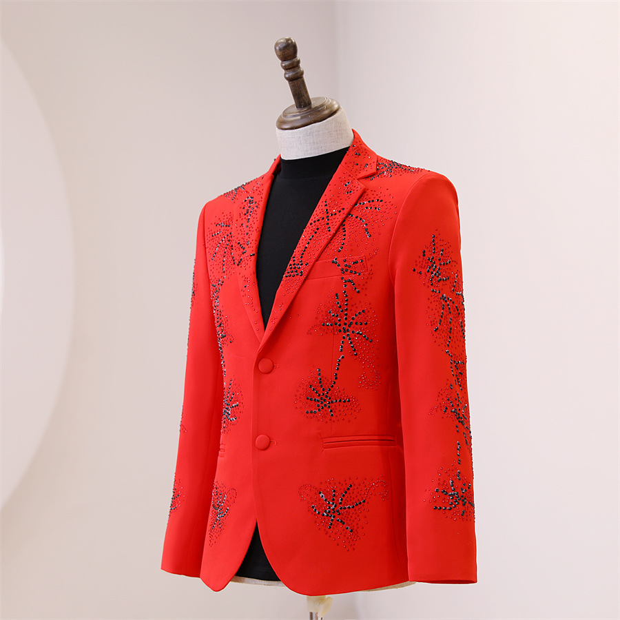 Men's Red Shiny Rhinestones Blazer Suits Male Singer Stage Concert Floor Show Suit Jacket Pants 2 Piece Set Groom Wedding Suit Formal Tuxedo
