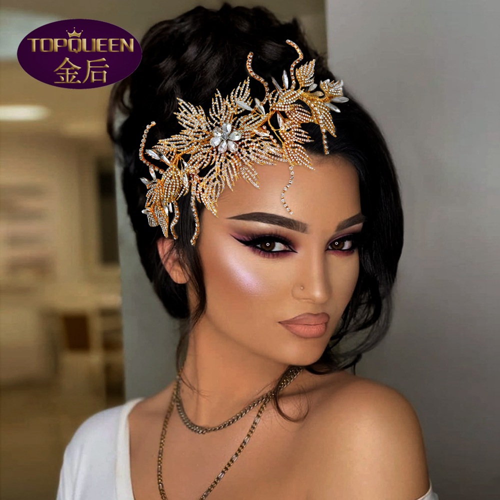 Gold Hollow Alloy Leaf Diamond Bridal Tiara Baroque Beautiful Headpieces Bride Ladies Jewelry Crowns Bride Wedding Crown Accessories European Retro Pa