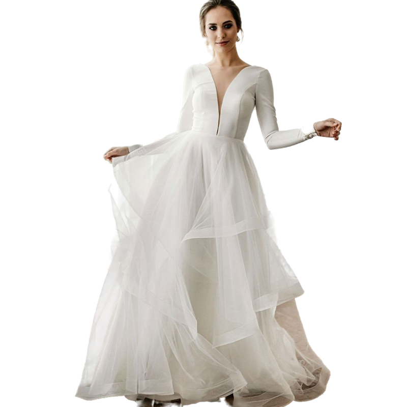 Bohemian Simple Deep V-Neck Tulle Wedding Dress Long Sleeves Backless Satin Bridal Wedding Gowns 2022 Elegant Tiered Boho Beach Bride Dresses
