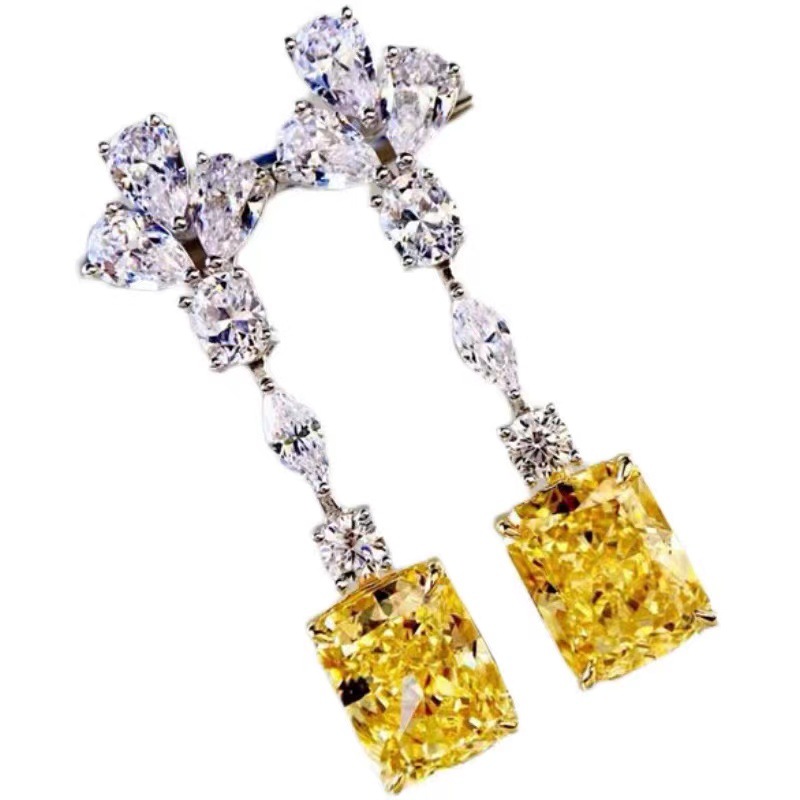 Sterg Sier Yellow Topaz CZ Dangle Earrings for Women, Long Chandelier Animal Pattern Earrings, Radiant Cut Gemstones 4 ,