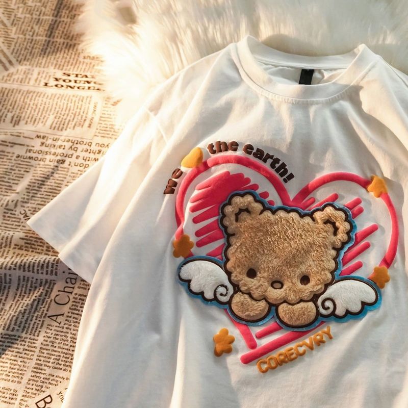 ins Heart Print Plush Bear Super Cute T Shirts Women Oversized Cotton Tshirts Summer Tees Fashion Female Vintage Tops 220321