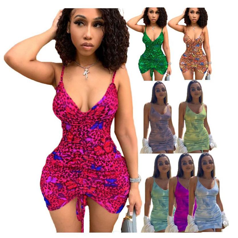 New Wholesale Summer Dresses Beautiful Women Spaghetti Strap Dress Tie Dye Bodycon Skirt Sleeveless Hip Packaged Dress Fashion Club Party Skirts 7146