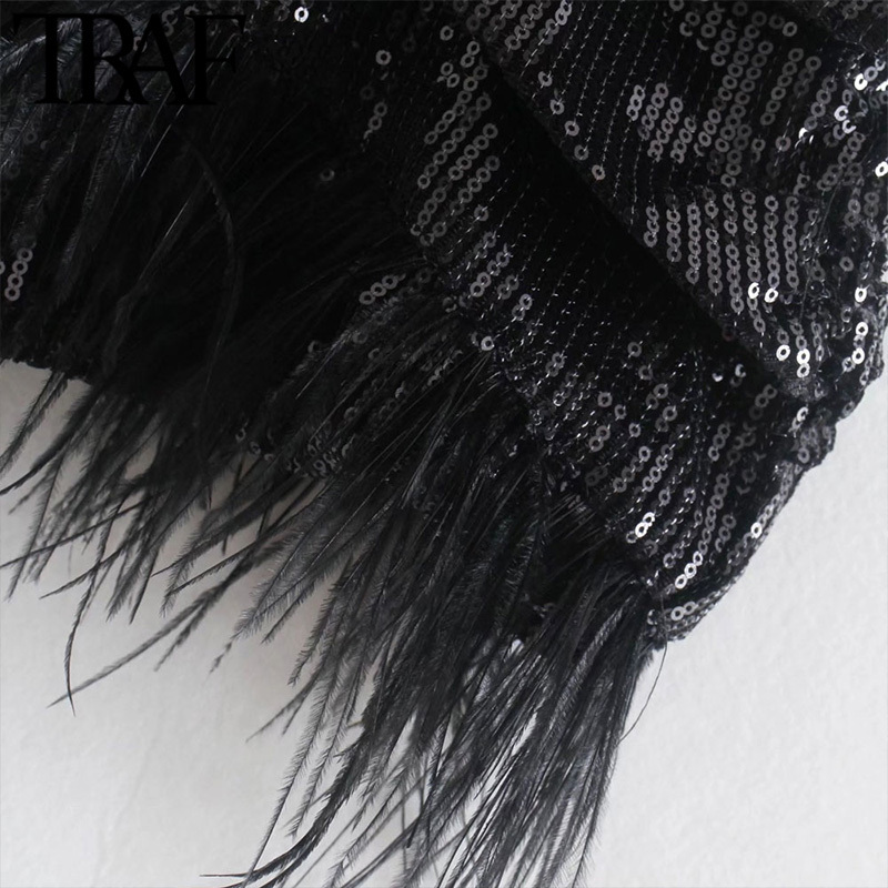 TRAF Women Chic Fashion With Tassel Pleated Sequin Party Mini Skirt Vintage High Waist Side Zipper Female Skirts Mujer 220322