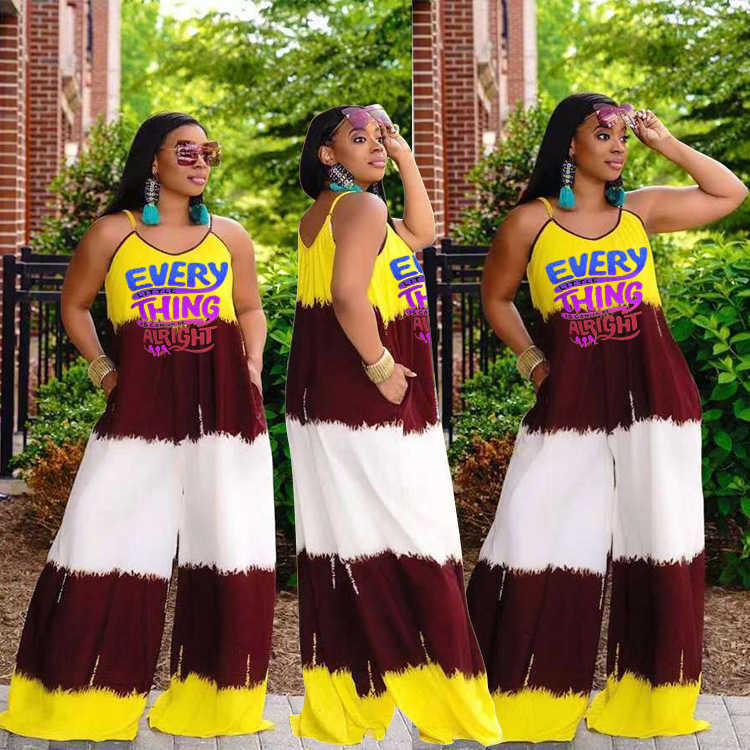 large women's letter printed pocket suspender Jumpsuit XL-5XL