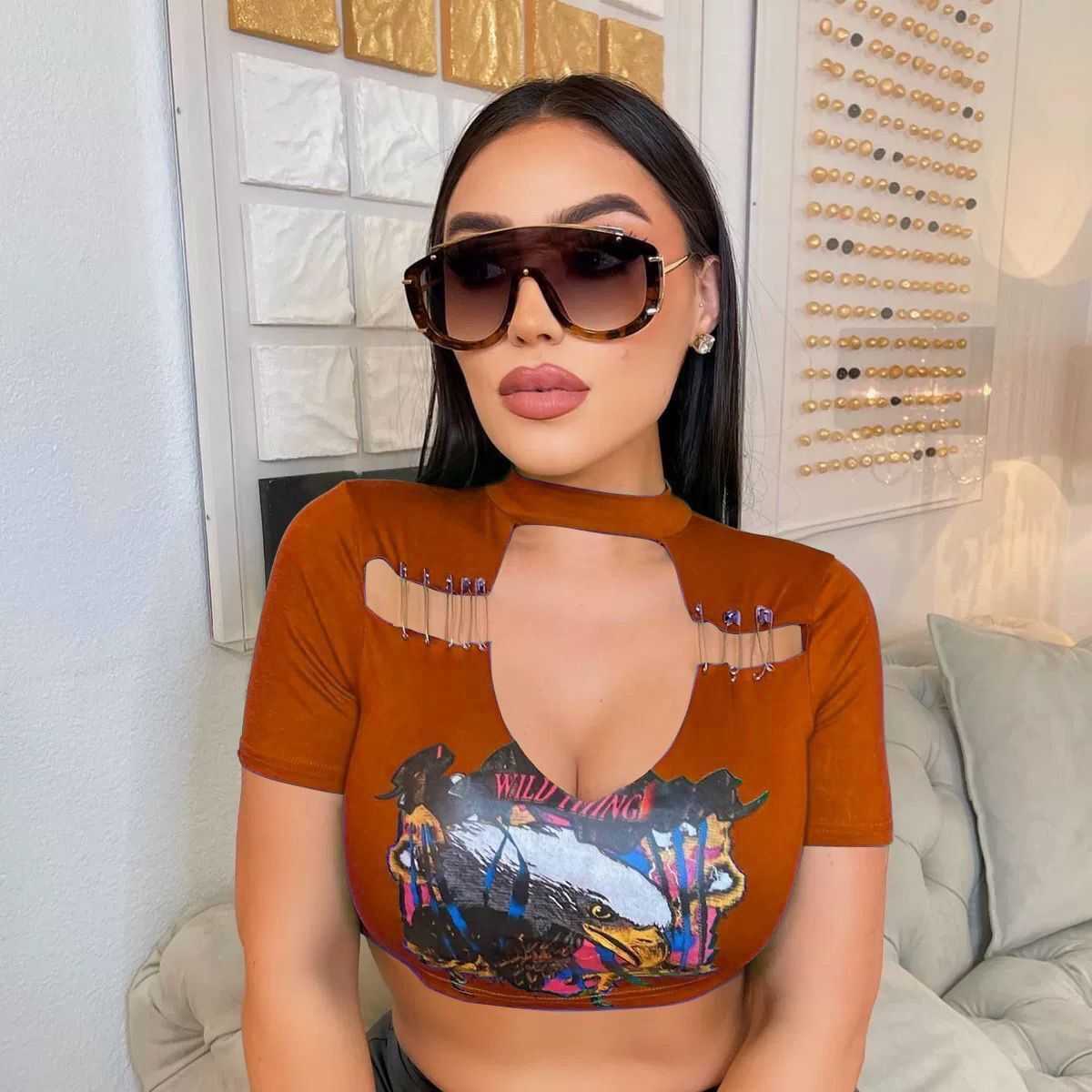Womens Sexy Tops T-shirt Vest For 2023 Summer Umbilical Cord Slim Stand Collar Personalized Hollow Out Slim Tops