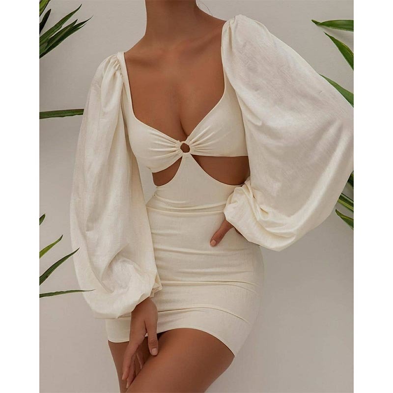 Fall Winter Chic Women Solid Sexy Lantern Long Sleeve Dresses Slim Hollow Out Party Bodycon Mini Dress For Female 220406