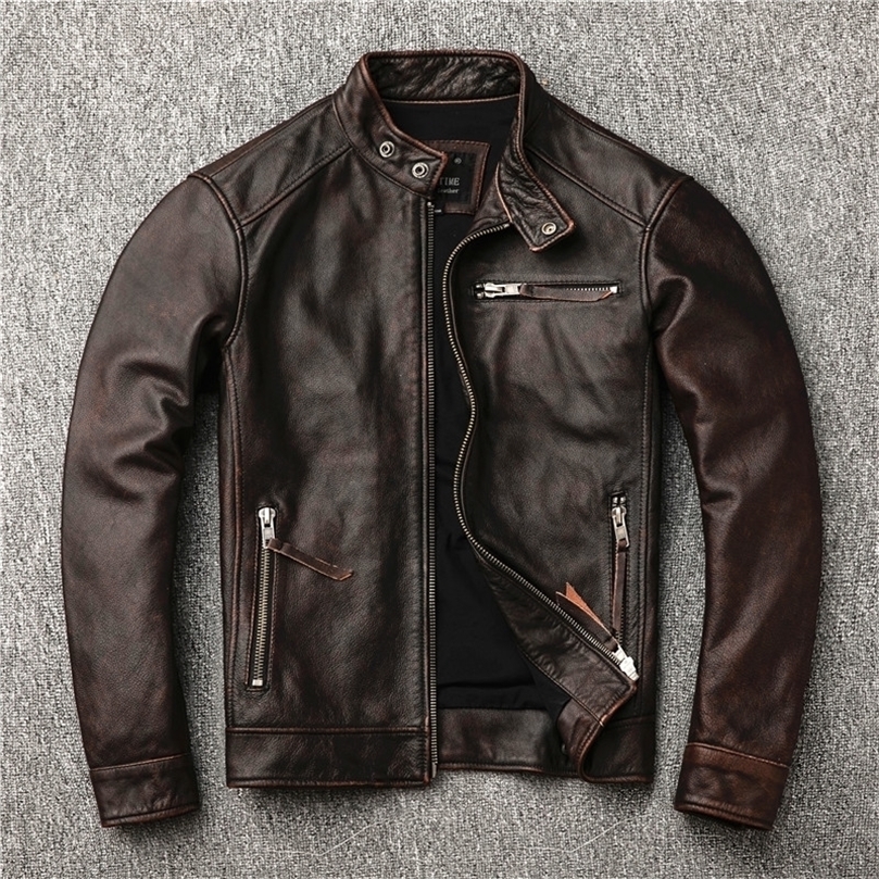 classic motor stylevintage genuine leather Jacketfashion men brown Leather coatstreet biker coatsales 201128