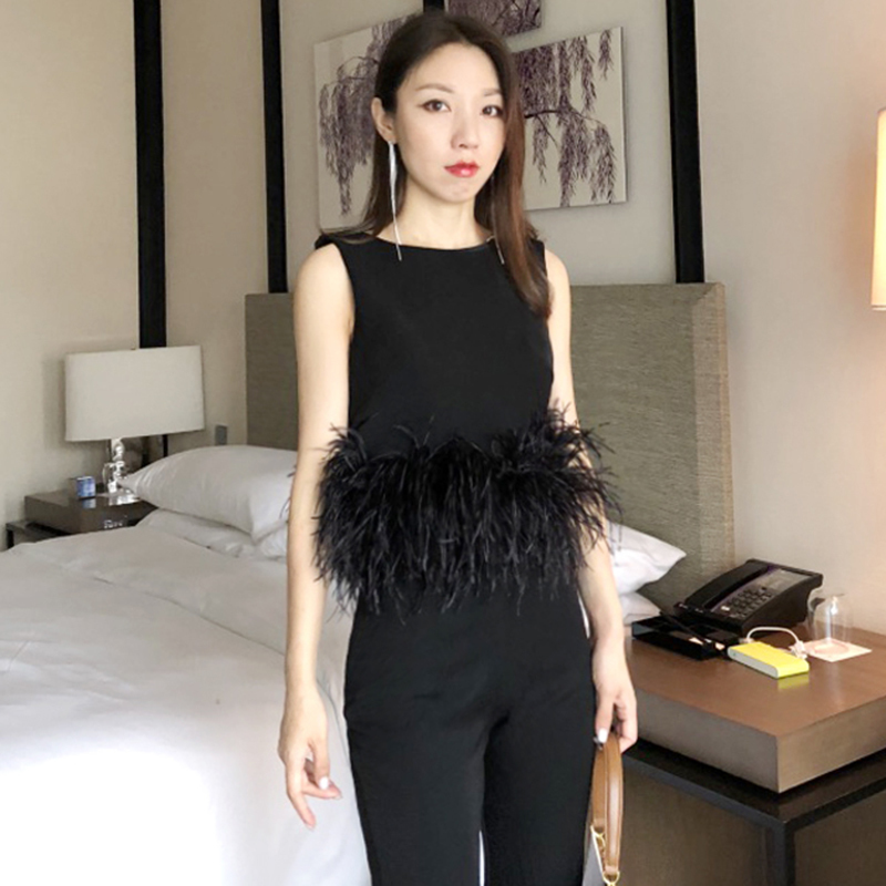 Korean Style Feather Patchwork Tank - Black Sleeveless Round Neck Slim Fit Summer Top For Women
