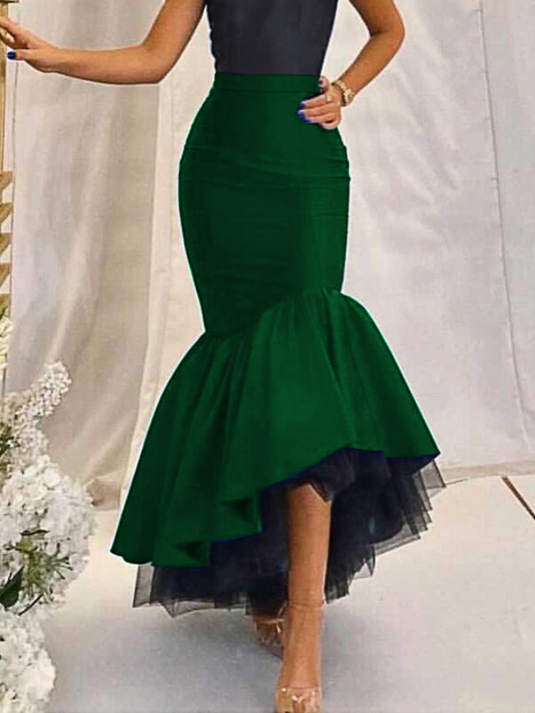 Women High Waist Party Ruffle Skirts Mermaid Mesh Patchwork Slim Fashion Elegant Classy Package Hip Female African Autumn Jupes 220317