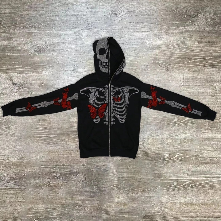 Zip Hoodie rhinestones skeleton goth Sweatshirt Sport Coat Pullover Gothic Long Sleeve Oversized hoodie Y2k jacket women hoodies
