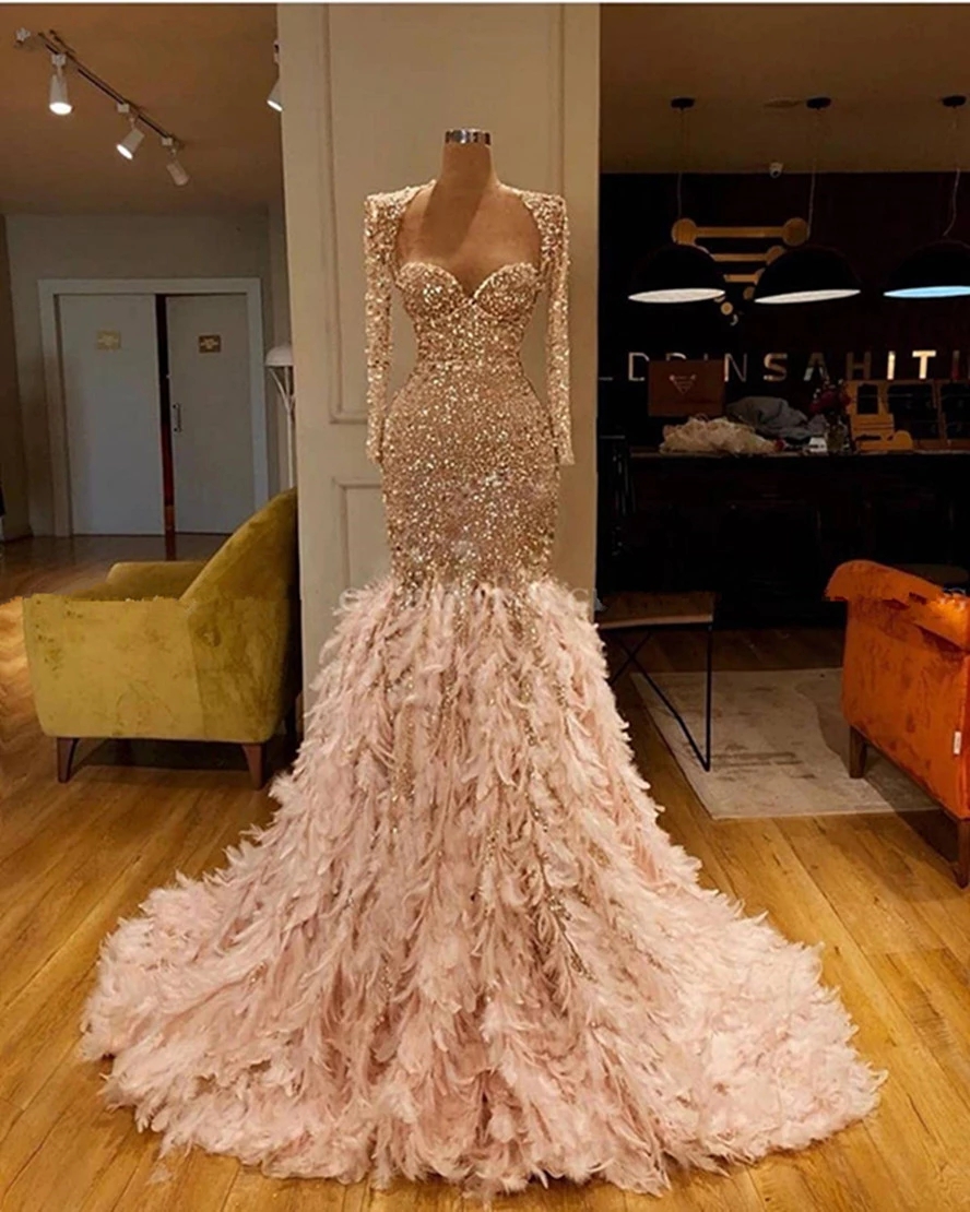 2022 Glitter Gold Sequin Mermaid Feather African Prom Dresses Long Sleeve One Shoulder Evening Gown Plus Size Graduation Formal Dress