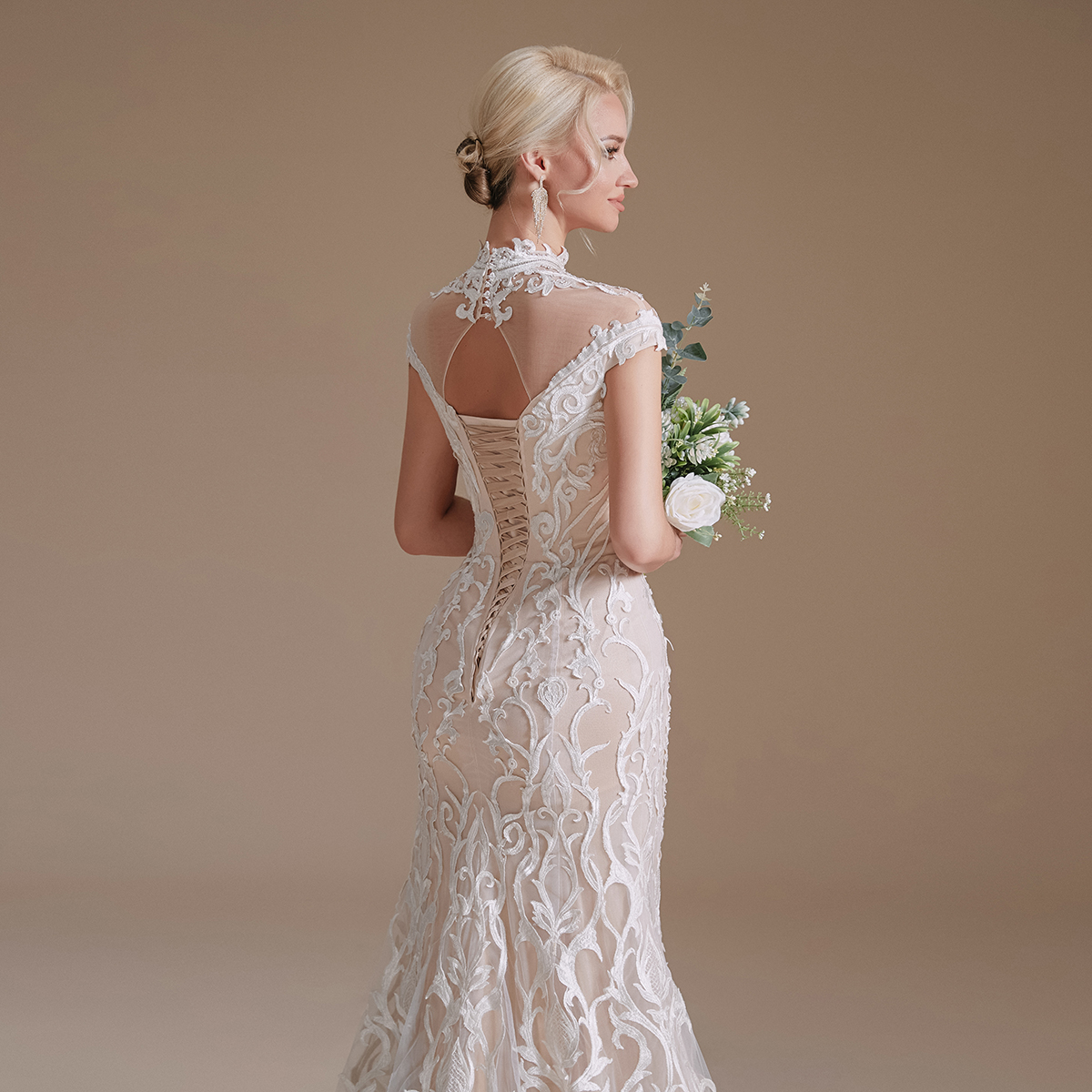 Vintage High Neck Lace Mermaid Wedding Dresses Sheer Cap Sleeves Beaded Illusion Backless Sweep Train Bridal Gowns vestidos de novia Wedding Dress CPS