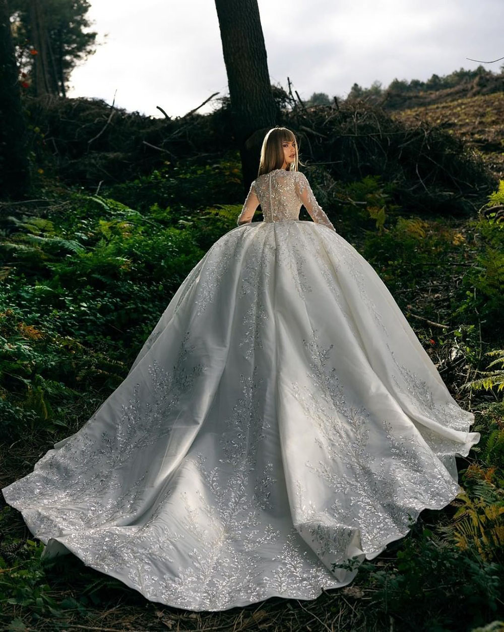 Princess Ball Wedding Dresses Long Sleeves V Neck Sequins Appliques Lace Ruffles or Length Embroidery Bridal Gown Vintage Plus Size robes de soiree