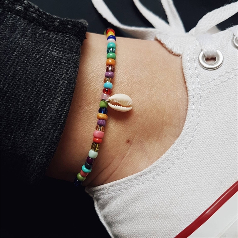 KINFOLK Boho Ocean Beach Colorful Seed Beads Ankle Bracelet Real Cowrie Shell Anklets for Women Foot Leg Bracelet Summer Jewelry T200901