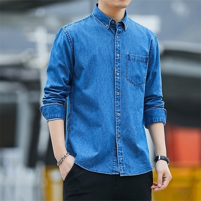 LUCLESAM Men Blue Heritage Western Denim Shirt Japanese Fashion Long Sleeve Jean Blouse chemise homme harajuku shirt 220322