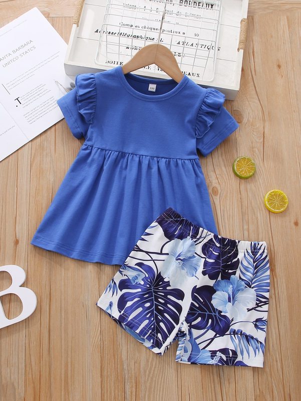 Toddler Girls Ruffle Trim Top & Tropical Print Shorts SHE