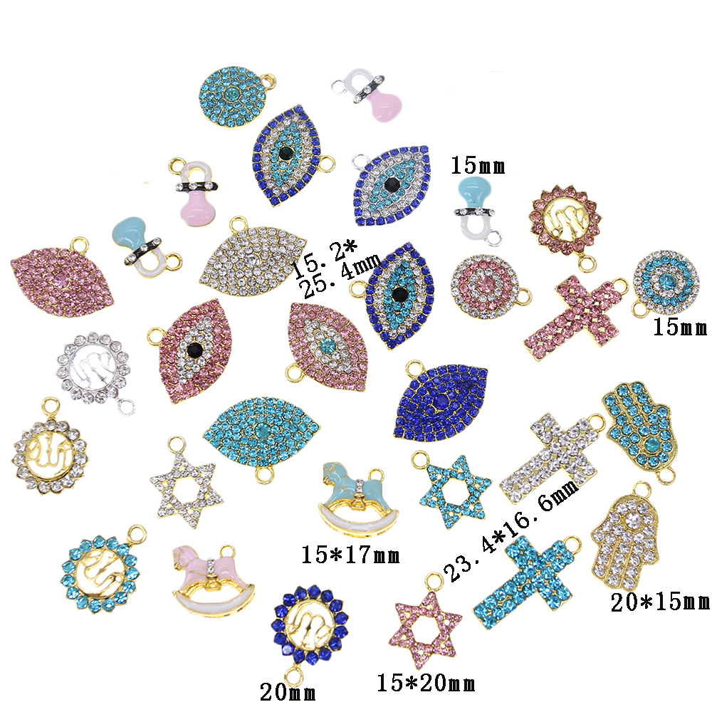 Cute Small DIY Craft Rhinestone Crystal Charms For Kids Cross Pacifier Bear Baby Stroller Evil Eye Shape Pendant Charm For Bracelet /Necklace