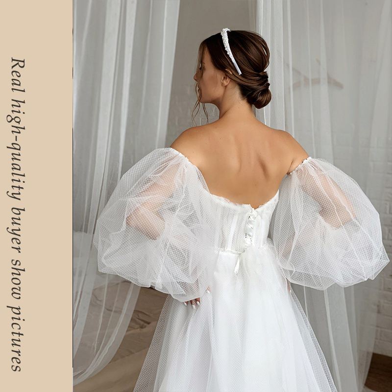 Vestido De Novia New Bride Gowns Detachable Puff Sleeves Wedding Dress Beading Off the Shoulder Tulle Boho Split 2022