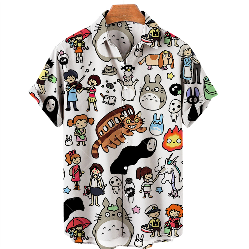 Hayao Miyazaki Shirt Faceless Cat Mask 3D Men s Short Sleeve Hawaiian Beach Summer 220606