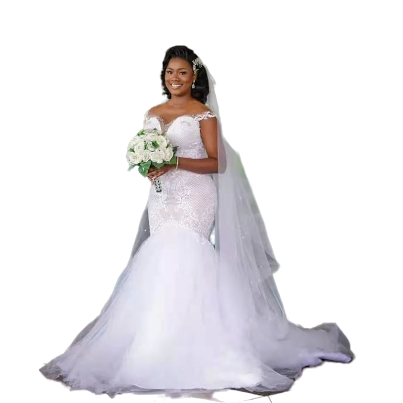African White Lace Mermaid Wedding Dress With Brown Nude Back Button Illusion Long Wedding Gowns For Bride 2022 Tulle Bridal Dresses Robe de Mariage