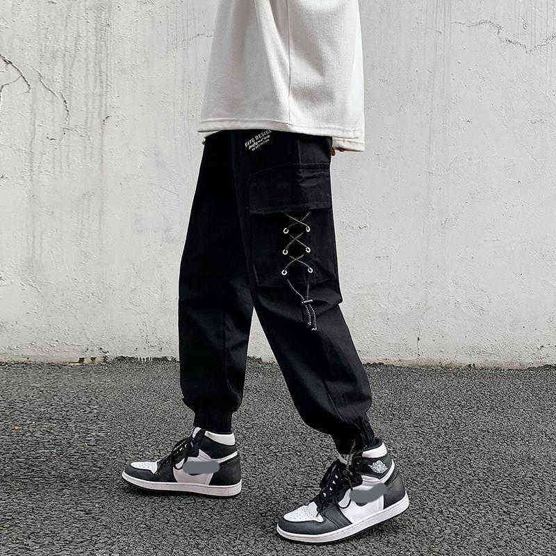 Men Summer Clothes Black Cargo Pants Sweatpants Korea dent Techwear Hip Hop Joogers Men Ribbon Homme Pants Trousers For Men G220507
