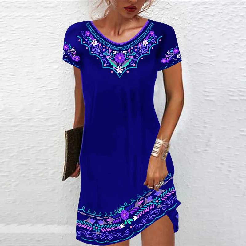 Women Casual Dresses Summer Floral Print Sundress Short Sleeve Loose Swing Shirt Dress