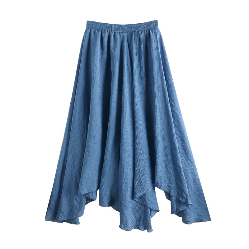 Linen Skirt Womens Spring Summer women Midi Solid Color wild Irregular Pleated blue black big swing Fishtail Skirt 220701