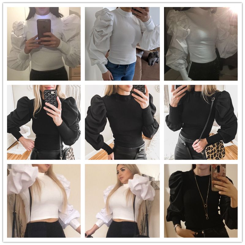 CNYISHE Fashion Long Puff Sleeve T-shirt Women Elegant Office Lady Top Regular Patchwork Sexy Slim Streetwear Shirt 220321