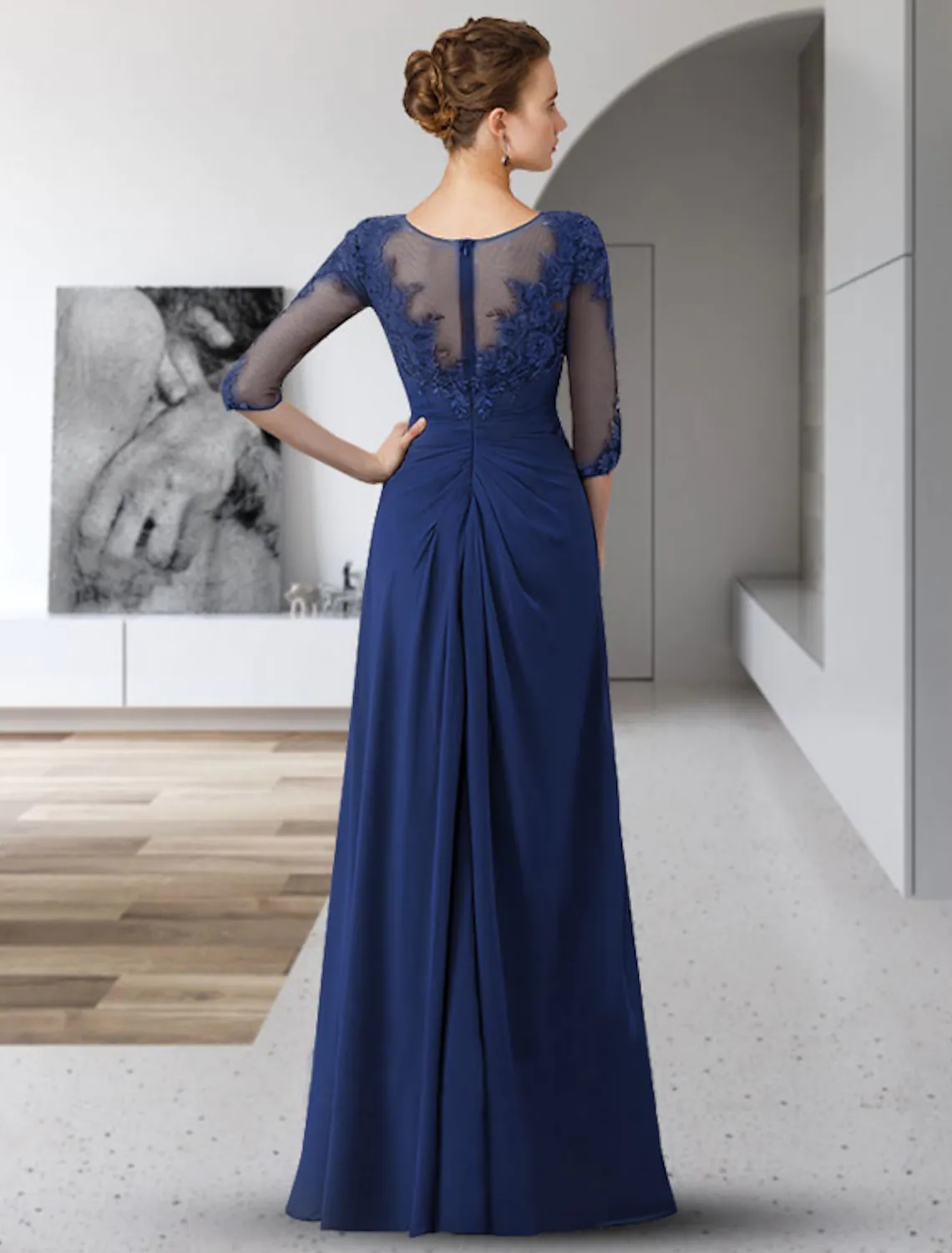 Royal Blue Mother of the Bride Dress 2024 Elegant Jewel Neck Floor Length Chiffon Half Sleeves Appliques Lace Wedding Party Gowns