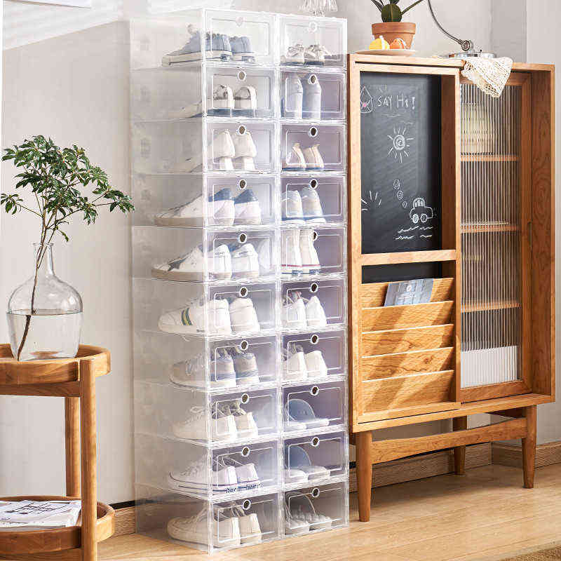 12pcs Shoe Box Set Multicolor Foldable Storage Plastic Clear Home Organizer Shoe Rack Stack Display Storage Organizer Single Box AA220326