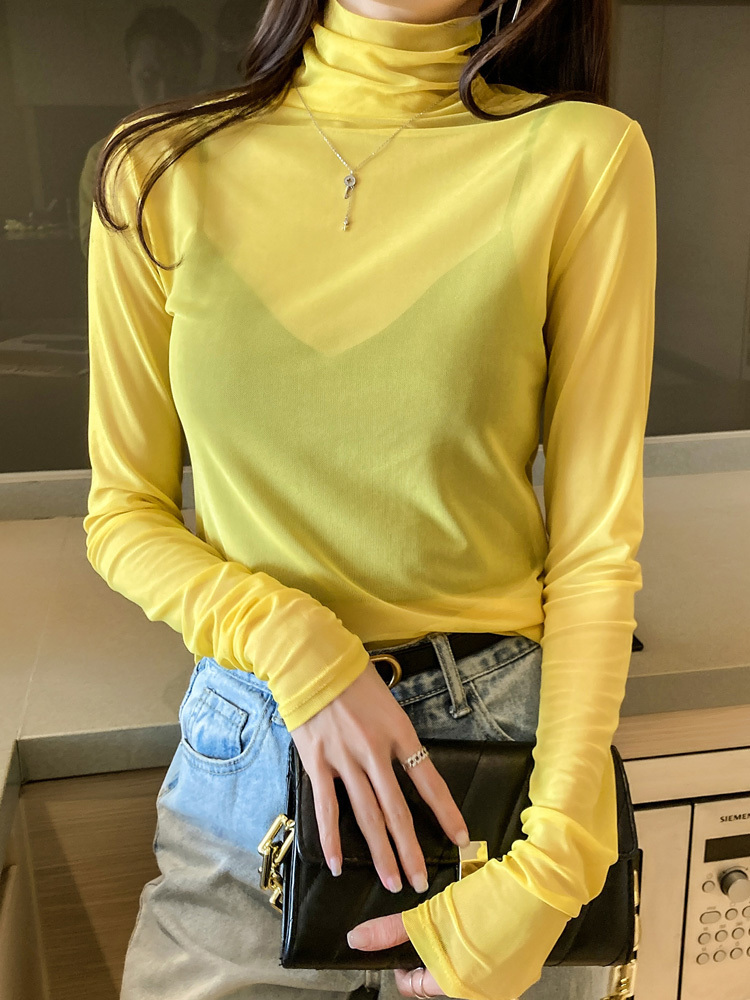 Size M 3XL Girls Colorful Mesh T Shirts Tees Female Transparent Long Sleeve Turtleneck Thin Tshirt Top Spring Fall 220714