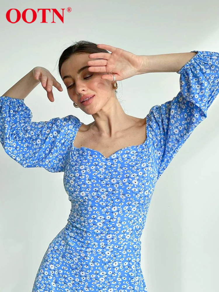 OOTN Summer Elegant Dress Holiday Floral Print Slash Neck Back Lace Up Womens Dress Purple Slit Lantern Sleeve A-Line Dress 220511