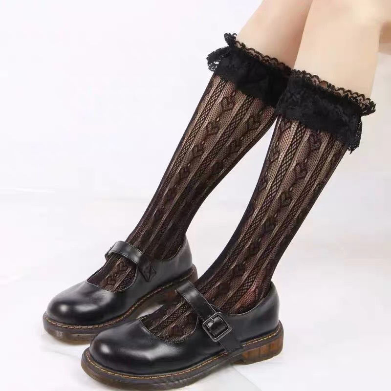 Womens Lolita Lace Loose Socks with Ruffle Trim Girl's High Stretch Nylon Mesh Fishnet Patterned Stockings Knee High/Mid Calf Socks Free Size Bla