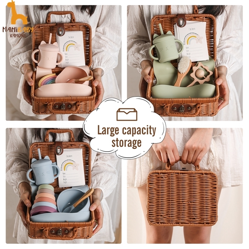 Baby Soild Food Feeding Tableware Box Set Silicone Rainbow Stacking Toy Kids Birth Vintage Dishes Gifts 220708