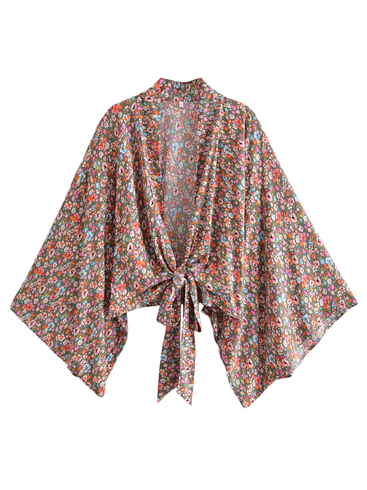 Boho Vintage Floral Print Beach Summer Short Kimono Women Fashion Ladies Blouses Casual V Neck Batwing Sleeves Bohemian Cover-Up 220512